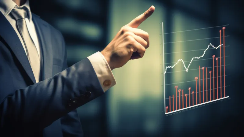 a hand pointing at a tradign graph